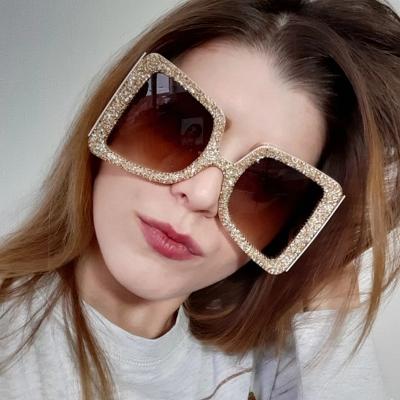 China Luxury Environmental Friendly Bling Metal Frame Sun Glass Square Stones Diamond Oversized Women Sunglasses Wholesale for sale