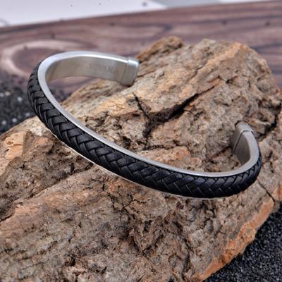 China FASHIONABLE Black Leather Rope Bracelet Stainless Steel Cuff Bangle Bracelet Men Women for sale