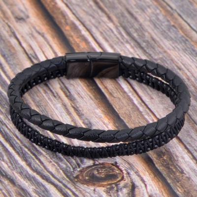 China Wholesale Fashionable Stainless Steel Magnetic Multilayer Clasp Men's Jewelry Leather Bracelets & Bangles for sale