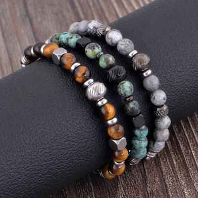 China Fashionable Hot Selling Natural Stone Picasso Jasper Sodalite Stainless Steel Bead Bracelet Men Custom Jewelry for sale