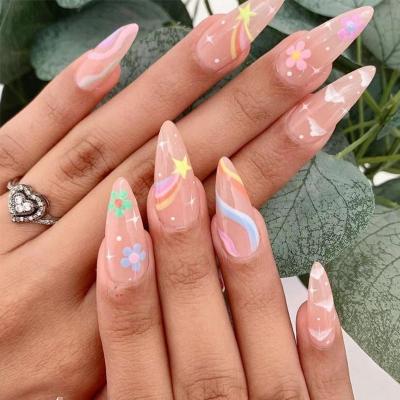 China Easy Apply Cute Pink Clouds Design Fake Nails With Glue Press On Nails Medium Length Acrylic Fake Nails For Girls for sale