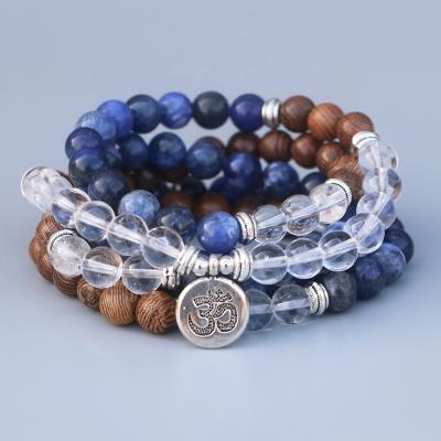 China Vintage Antique Silver OM Sign Sodalite Jasper Gemstone 108 Mala Jewelry Beads Bracelets Handmade Yoga Accessory for sale