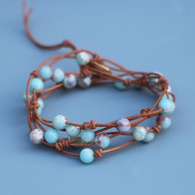 China Beautiful Shoushan Vintage Long Stone Blue Simple Design 3 Wraps Leather Bracelet For Women Fashion Handmade Jewelry for sale