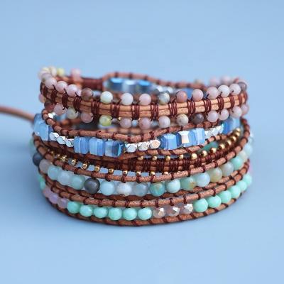 China Vintage Boho Seeded Beads Amazonite Stone Wrap Around Bracelet For Leather Jewelry Handmade Fine Accessories Women Lover's Gifts for sale