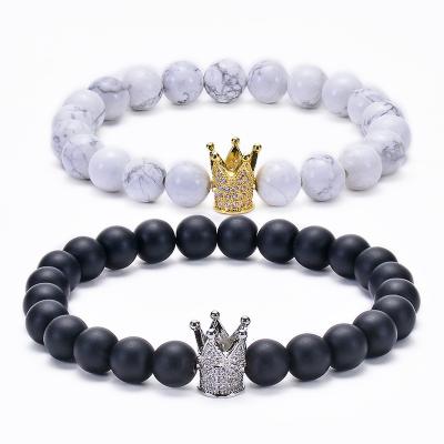 China Natural Stone Jewelry Matte Black Onyx, Howlite Gemstone Gemstone Men Women Lover's CZ Crown Charm Elastic Copper Bracelet Bead Lover's Gift for sale