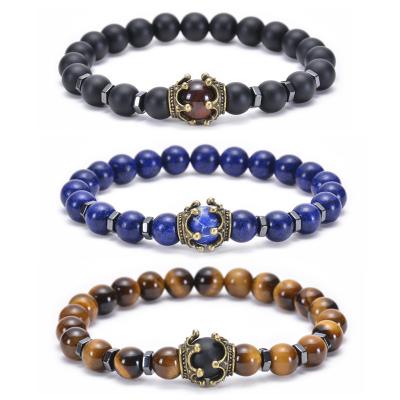 China Matte Black Stone Hot Selling Natural FASHIONABLE Tiger Eye Bead Crown Bracelet For Men Male Gemstone Handmade Stretch Jewelry for sale