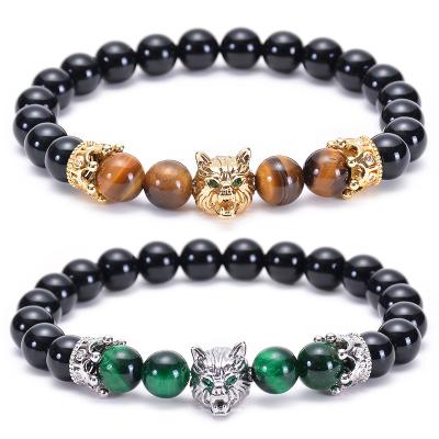 China Factory Price TRENDY High Quality CZ Copper Crown Charms Wolf Head Bead Bracelet For Men Natural Gemstone Tiger Eyes Handmade Jewelry for sale