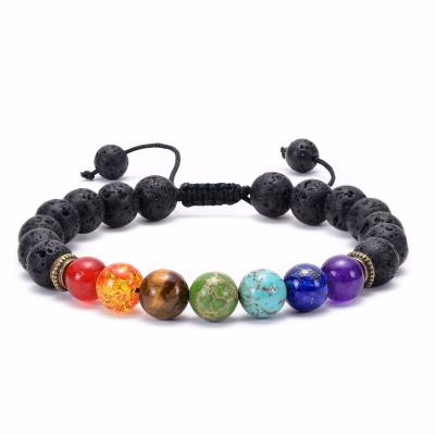 China Popular TRENDY Natural Black Lava Stone 7 Chakras Bead Bracelet Gemstone Healing Meditation Woven Yoga Bead Bracelet Jewelry for sale