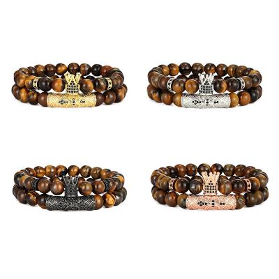 China FASHIONABLE Hot Sale Micro Pave Royal Crown Wolf Head Ball Elastic Beaded CZ Bracelet Set For Men Luxury Gift Natural Tiger Eye Jewelry for sale