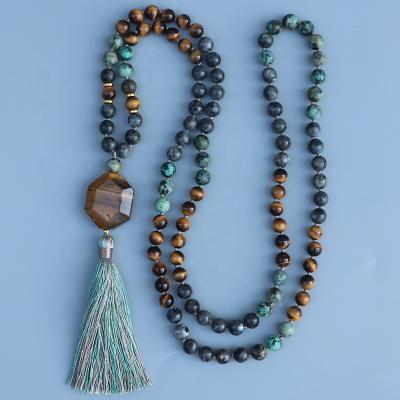 China Mixed Collection Mala Beads Gemstone African Turquoise, Tiger Eye Beads Necklace Women Vintage Hand Tied Yoga Jewelry for sale