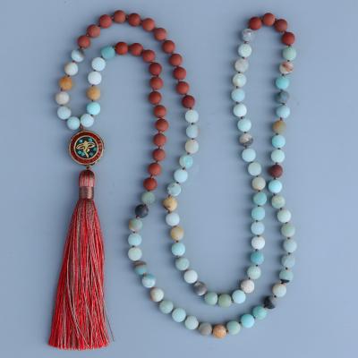 China Vintage Customized DIY Design Nepal Pendant Necklace For Women 8mm Matte Red Stone Amazonite Stone 108 Mala Beads Jewelry for sale