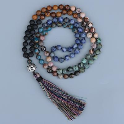 China High Quality Natural Jasper Lava Healing Mala Long Necklace Vintage Stone Jewelry 108 Beads Women Boho Styles for sale