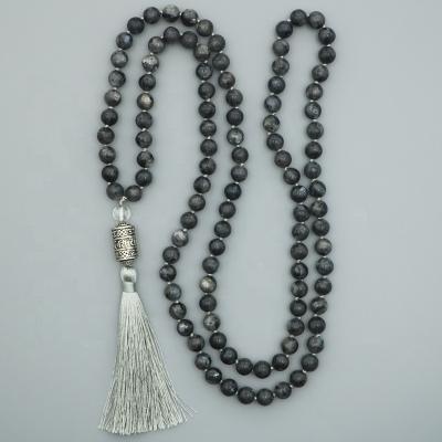 China Vintage Labradorite Mala Beads Tassels Necklace Six Character Custom Black Sayings Logo Bag Gemstone 8mm Pendant Jewelry Accessories for sale