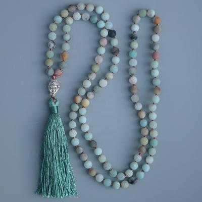 China Religious Jewelry 6mm Matte Amazonite Stone Beads Knotted Buddhism Vintage Head Buddha Fashionable Pendant Necklace for sale