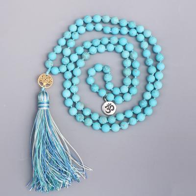 China Vintage OM Tree of Life Jewelry OM Tree of Life Tassel Mala Turquoise Blue Beads Necklace 8mm Pendant Necklace Women Yoga Vintage Matte for sale