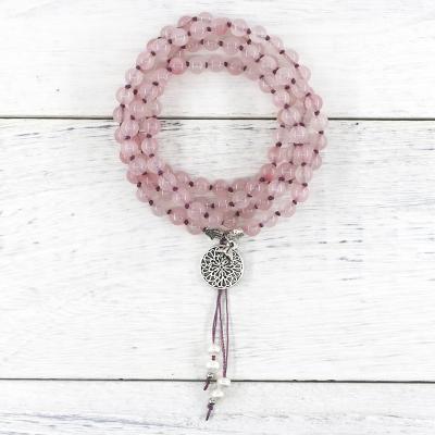 China Wholesale Vintage Yiwu Price Round Rose Quartz Lotus Mala Necklace Women Hand Knotted Bead Crystal Healing Gemstone Jewelry for sale