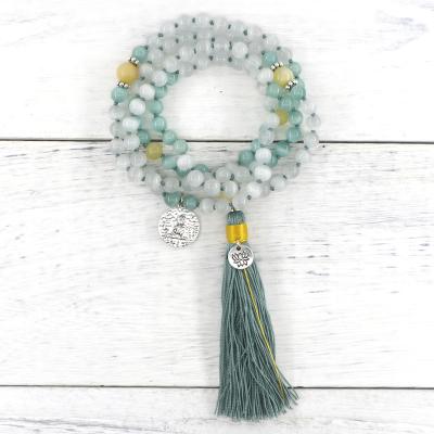 China Wholesale Metal Buddha Accessory Vintage Lotus Charm 108 Beads Mala Necklace Women White Green Opal Crystal Yellow Jade Healing Jewelry for sale