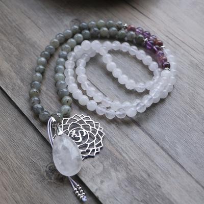 China Vintage Lotus OM Stainless Steel Sign Jade Pendant Necklace Women Spiritual White Purple Ghost Crystal Beads Mala Necklace for sale