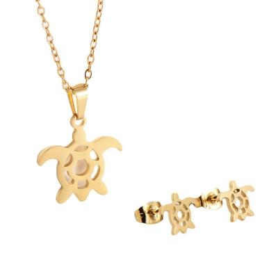 China Hot TRENDY Custom Simple Turtle Shape Stainless Steel Gold Color Necklace Jewelry Set Stud Earrings Friendship Pendant Gift for sale