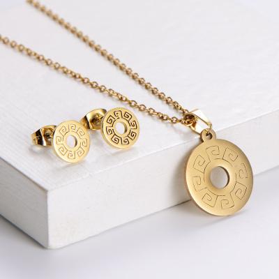 China Unique Design TRENDY Sign Around Pendant&Earrings For Women Girls Gold Color Plated Stainless Steel Jewelry Set for sale