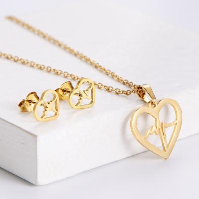 China TRENDY Cute Love Heart Shape Pendant&Earrings For Women Hollow Wave Sign Stud Earrings Stainless Steel Jewelry Set Gift for sale