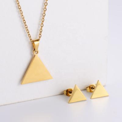 China Trendy Fashion Logo Triangle Shape Pendant Necklace Custom Stud Earrings For Girls Gold Color Stainless Steel Jewelry Set for sale