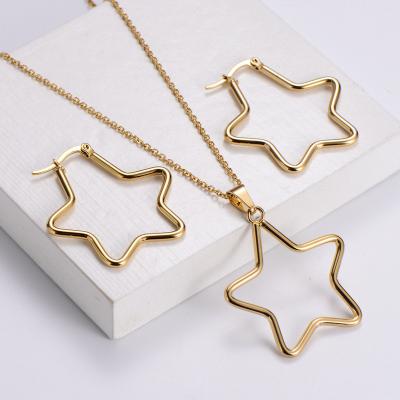 China TRENDY Stainless Steel Gold Color Steel Wire Hollow Star Pentagon Pendant Necklace&Earrings Sets Simple Women Design Jewelry Set for sale