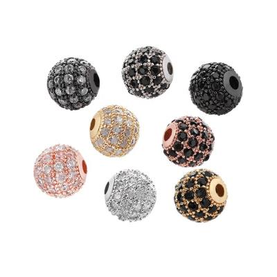 China Vintage DIY Bracelet Metal CZ Copper Loose Round Beads 8mm Black Spacers, White Crystal Cubic Zircon Micro Paved Ball Accessories for sale