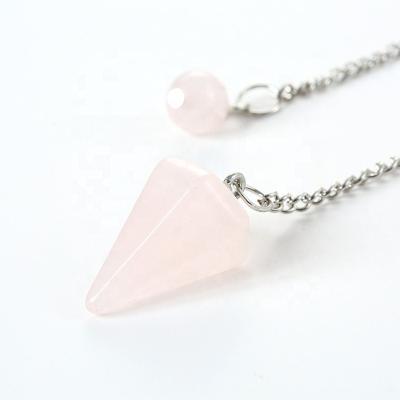 China Rose Quartz Hexagonal Rhombus Necklace Conical Pendulum Vintage Natural Stone Pendant for Meditation Faceted Ball Charm Pendulum for sale