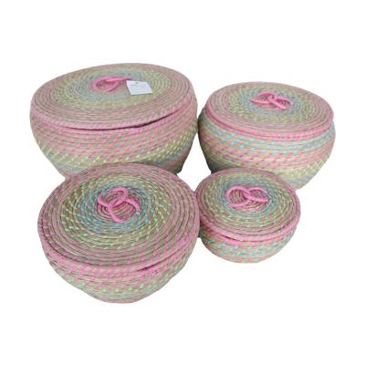 China Sustainable Handmade Eco-Friendly Natural S/4 Woven With Colorful Rim Round Couch Grass Lidded Storage Basket for sale