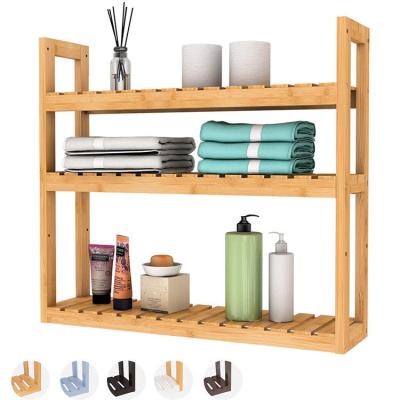 China 3-Layer Wooden Adjustable Shelf Bathroom Storage Rack Wall Mounted Bamboo Shelf Viable Storage Shelf for sale