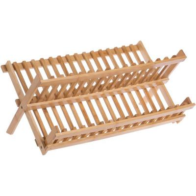 China Sustainable Double-Layer Kitchen Storage Bowl Rack Bamboo Drain Rack Solid Wood Rack for sale