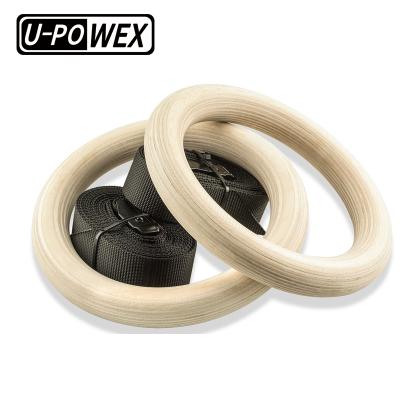 China Wholesales Customized Logo Gym Fitness Strength Training Circle Natural Wood Gymnastics Ring Durable Wooden Rings Set With Strap for sale