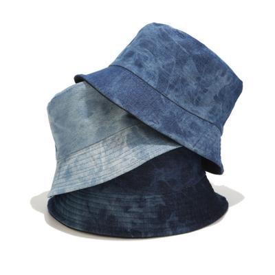 China Wholesale British Image Style Bucket Hat Retro Denim Tie Dye Double Wear Fisherman Hat for sale