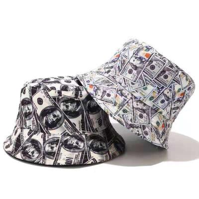 China 2021 New Picture Dollar Retro Print Custom Fisherman Hat Wide Brim Led Cowboy Hat Bucket Hat for sale