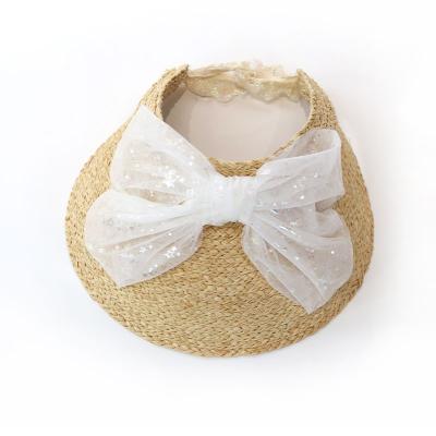 China Promotional Outdoor Picture Travel Beach Hat With Elegant Net Yarn Bowknot Empty Straw Hat for sale