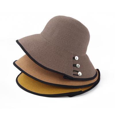 China Sun Striped Wide Brim Button Summer Hat Beach Ladies Foldable Straw Hat for sale