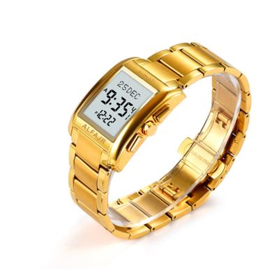 China Alarm AL FAJR Fashion Mens Stainless Steel Muslim Watch Strap Prayer Watches 50m Waterproof Square Gold Small Digital Watch for sale