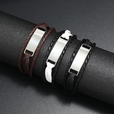 China Hiphop Customized Stainless Steel Personality Woven Simple Engraved Men's PU Leather Bracelet Bangle for sale