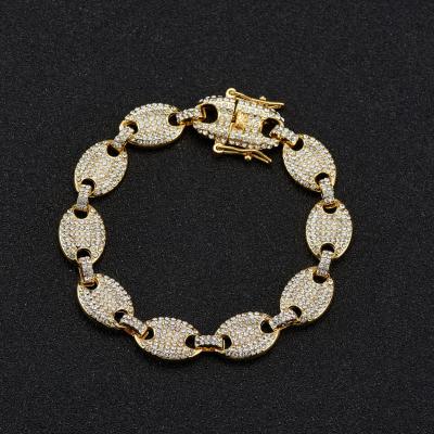 China Coffee Bean Bracelet Pig Nose Diamond Ice Out Cuban Link Chians Crystal Rhinestone Hiphop Miami Cuban Bangle Bracelet 12mm width for sale