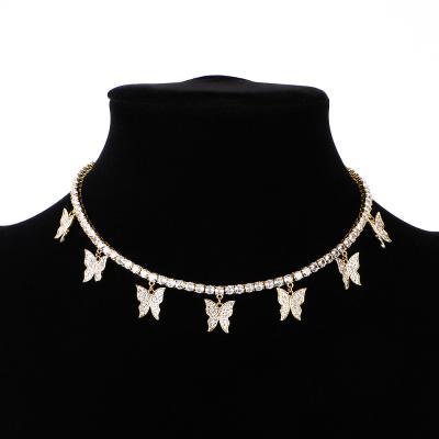 China Hiphop Bling Zircon Butterfly Fashion Choker Necklaces Women Copper Fit Hip Hop Gold Party Necklace Jewelry Silver for sale