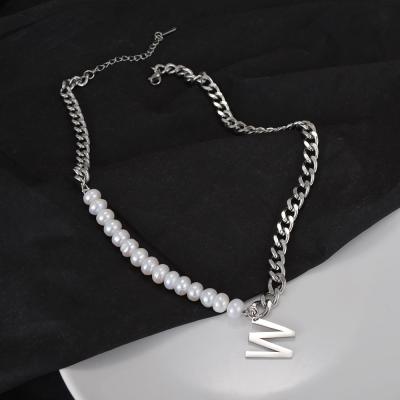 China Hiphop 18k Gold Plated Stainless Steel Pearl Initial Letter Chain Simple Pendant Necklace for sale