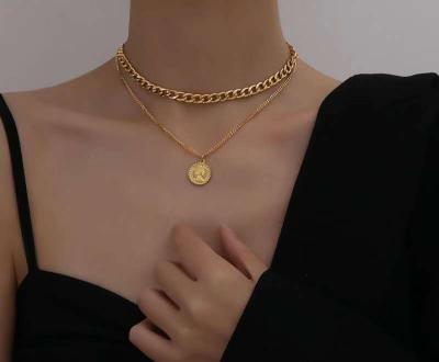 China Hiphop Women Fashion Gold Jewelry Stainless Steel Multi Layer Snake Chain Queen's Seal Pendant Necklace for sale