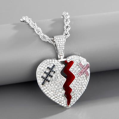 China Hiphop Hip Hop Bling Iced Out CZ Micro Zircon Broken Heart Alloy Pendant Silver Plated Necklace Hitter Jewelry Men for sale