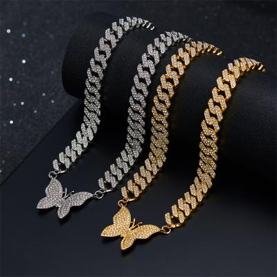 China Hiphop Hip Hop Bling Iced Out Cubic Zircon Gold Plated Butterfly Pendant With Miami Cuban Link Necklace Chain Banger Necklaces Jewelry for sale