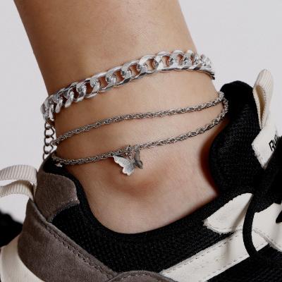 China 2021 Simple Gold Plated Punk Cuban Foot Chain Jewelry Butterfly Chain Anklets Hip Hop Silver Plated Anklets for sale