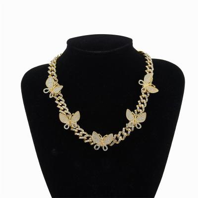 China Hip Hop Hip Hop Ice Out Jewelry Gold Plated Full Diamond Belt Buckle Rotatable Butterfly Cuban Chain Necklace for sale