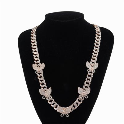 China 2021 Wholesale Hiphop Women Trending Gold Plated Bling Male Crystal Iced Out Cuban Link Butterfly Chain Necklace for sale