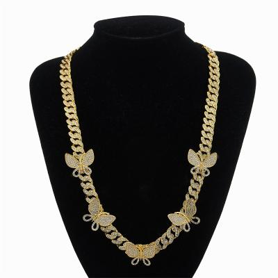 China Hiphop Iced Out Cuban Chain Women Crystal Butterfly Punk Necklaces Full Rhinestone Necklace Jewelry for sale