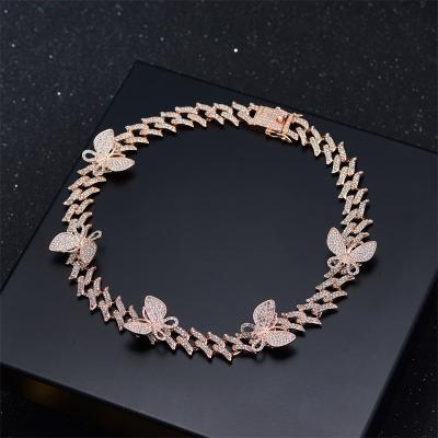 China 2021 Hot Sale Hiphop Necklaces Unisex Cuban Iced Out Copper Alloy Diamond Chain Jewelry Women Men Butterfly Chain Necklace for sale